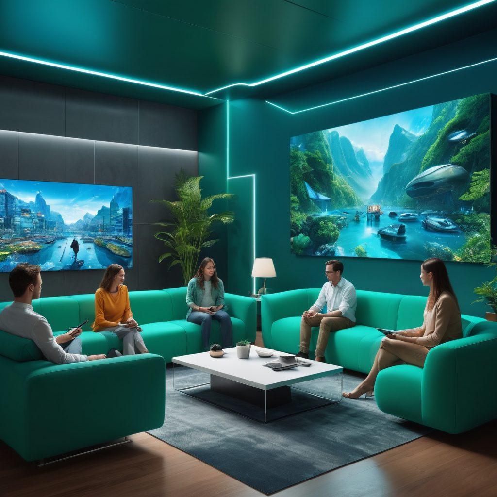 A futuristic scene depicting diverse individuals connecting through webcams in vibrant and colorful virtual environments, showcasing various communication styles and emotions. Include elements of technology seamlessly integrating into home settings, with holographic effects around the screens. Utilize a dynamic blue and green color palette to evoke a sense of innovation and connection. super-realistic. vibrant colors. 3D.