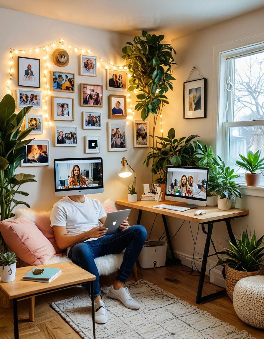 A dynamic scene featuring diverse individuals engaging in lively webcam chats from various cozy, modern home environments. Vibrant screens displaying colorful video feeds of conversations, with emojis and digital overlays that emphasize connection and communication. A warm, inviting atmosphere complemented by soft lighting and personal touches like plants and art on the walls. Illustrate diverse styles of digital communication tools like tablets, laptops, and smartphones. super-realistic. vibrant colors. cozy ambiance.