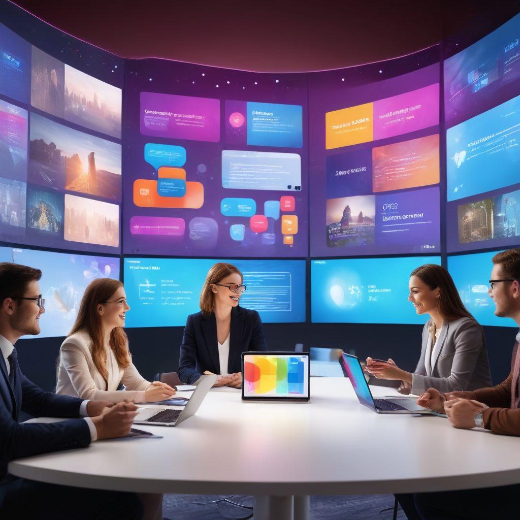 A modern virtual meeting scene showcasing diverse individuals engaged in live video streaming, surrounded by digital elements like graphs, chat bubbles, and social media icons. Incorporate dynamic lighting and a sense of connectivity through various screens in a sleek tech environment. Symbolize the transformation of communication with an emphasis on real-time interaction and collaboration. vibrant colors. 3D.